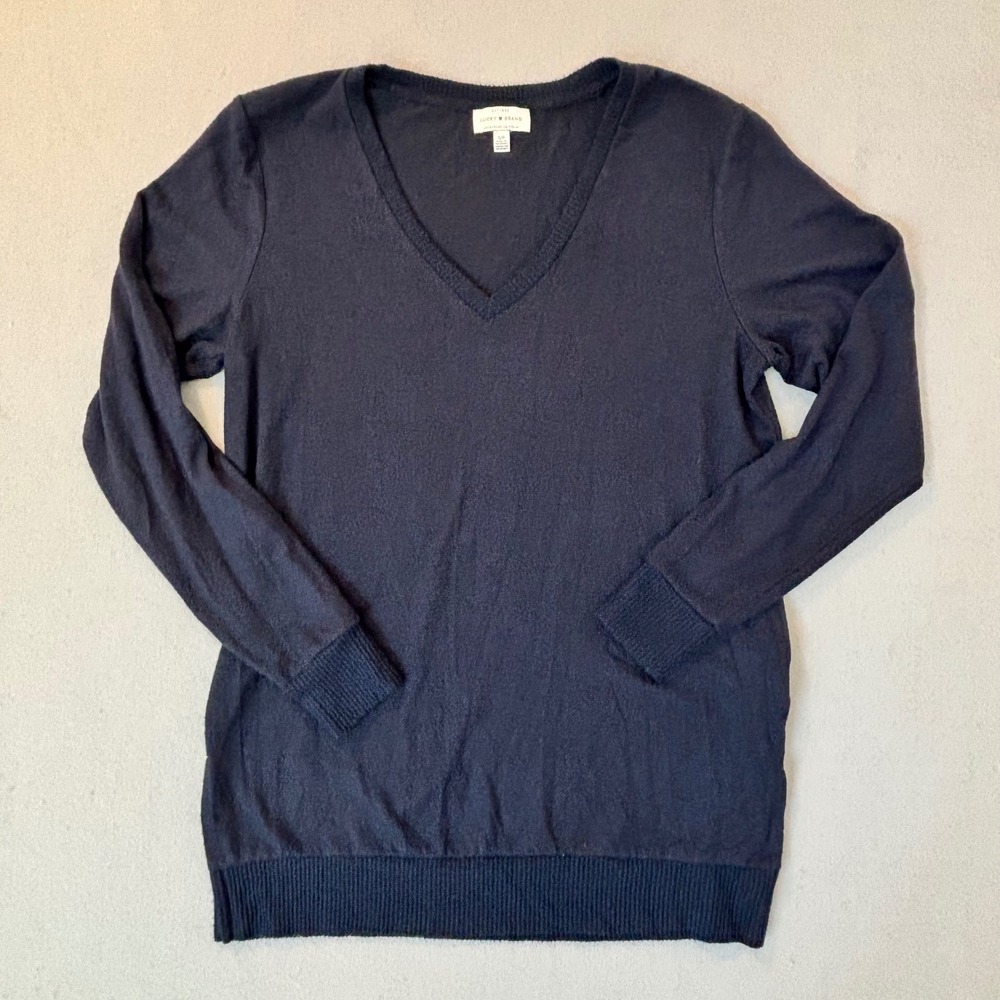 Lucky Brand Womens Navy Blue V-Neck Long Sleeve Ribbed Knit Sweater Size Small